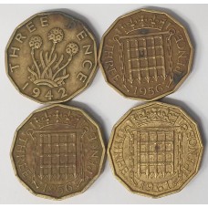 GREAT BRITAIN UK 1942 - 1961 . THREEPENCE . 4 BRASS COINS